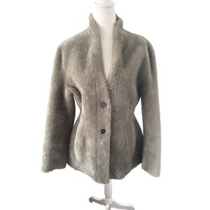 LVIR Collarless Faux Shearling Jacket Khaki Grey Wool Blend LV21F-JK29 NWT Large